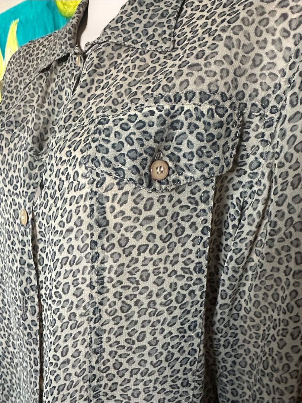 Semi-Sheer Leopard Print Button-Down Blouse - Taupe - Picture 3 of 8